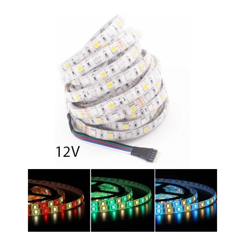 5m 12W/m RGB+WW LED-strip - 12V, IP65, 60 LEDs per meter