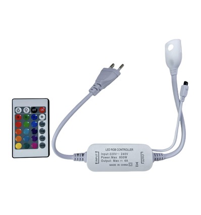 230V RGB CLIP-ON controller - Inclusief eindkap, voor 230V, geheugenfunctie, infrarood afstandsbediening, 50 m