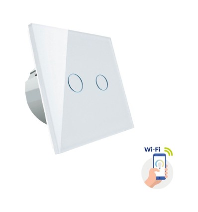 Smart 2-zone WiFi schakelaar - 2x1000W, wit glas, werkt met Google Home/Alexa, IP20 binnenshuis