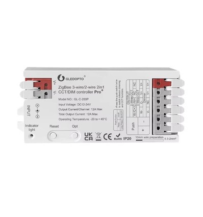 Gledopto Pro 2-in-1 Zigbee stripcontroller - Hue compatibel, 12V/24V, 12V (144W) 24V (288W), Effen kleur + CCT