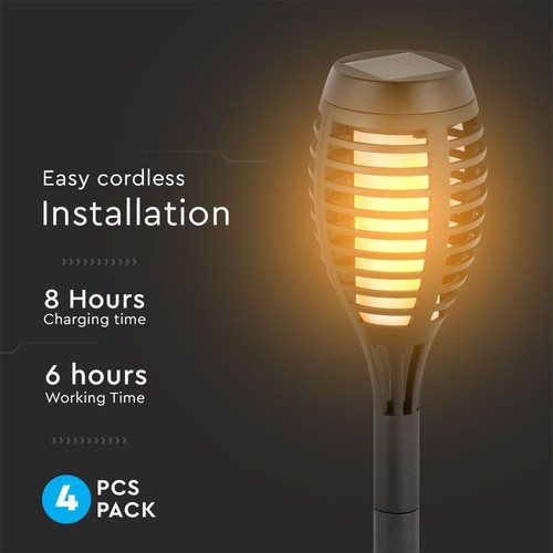 Zonne-energie tuinlampen 4 stuks - Zwart, met spies, vlam effect, 50 cm hoog