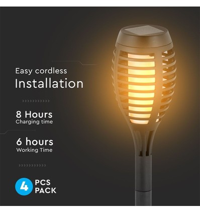 Zonne-energie tuinlampen 4 stuks - Zwart, met spies, vlam effect, 50 cm hoog