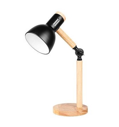 Tafellamp van zwart metaal en hout - 1,5 meter snoer, E27 fitting, zonder lichtbron