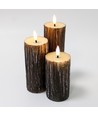 LED Houtlook stompkaarsen 3 stuks set, gesmolten look, vlameffect - Ø5,5cm, 10/12,5/15cm hoog, Incl afstandsbediening, echte was
