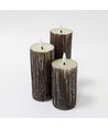 LED Houtlook stompkaarsen 3 stuks set, gesmolten look, vlameffect - Ø5,5cm, 10/12,5/15cm hoog, Incl afstandsbediening, echte was