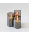 LED Stompkaarsen set in rookglas Ø7,5cm, 3 stuks, vlameffect - Incl. afstandsbediening en timer, 10/12,5/15cm hoog, echte was
