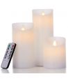 LED stompkaarsen, 3 stuks, Ø7,5cm, bewegende vlam, wit - Incl. afstandsbediening en timer, 10/13/15cm hoog, echte was