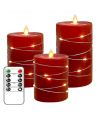 LED Kaarsenset 3 stuks met lichtsnoer, vlameffect - Ø7,5cm, 10/12,5/15cm, incl. afstandsbediening, timer, echte was, Rood