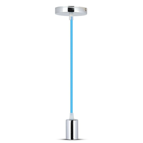 E27 pendelophanging in chroom met lichtblauwe kabel - Ø3,6cm, cilindervormig, metaal, zonder lichtbron