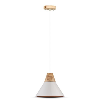 Ø25cm pendellamp met houten top, E27 - Wit, aluminium, 5 jaar garantie, zonder lichtbron
