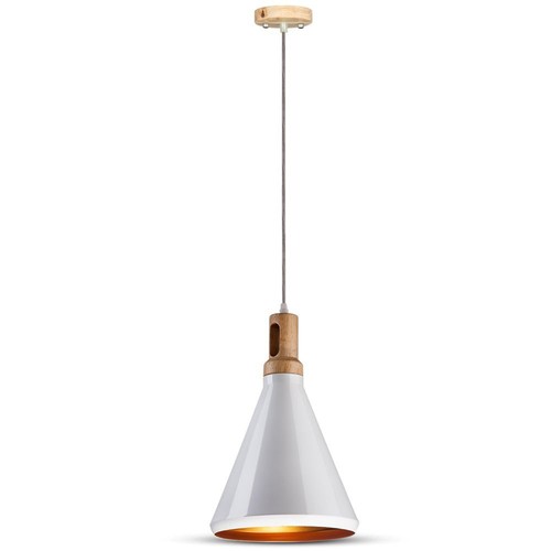 E27 pendellamp in wit met houten top - Max 60W, ijzer, zonder lichtbron