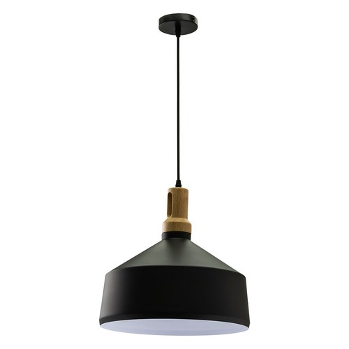E27 pendellamp in zwart ijzer met houten top - Ø30 cm, Vintage serie, zonder lichtbron