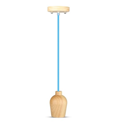 E27 houten pendelophanging met blauw snoer - Max 60W, elegant design, zonder lichtbron