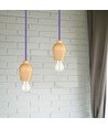 E27 pendel in walnoot met paars stoffen snoer - Ø7,3 cm, 1 meter kabel, zonder lichtbron