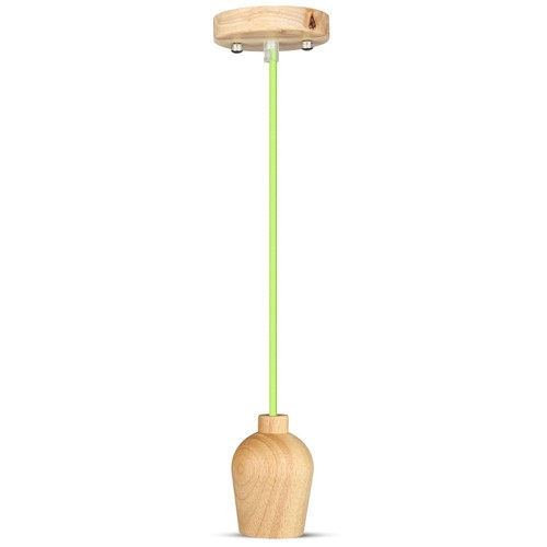 E27 pendel in walnoothout met groen stoffen snoer - Ø7,3cm, 1 meter kabel, mooi design