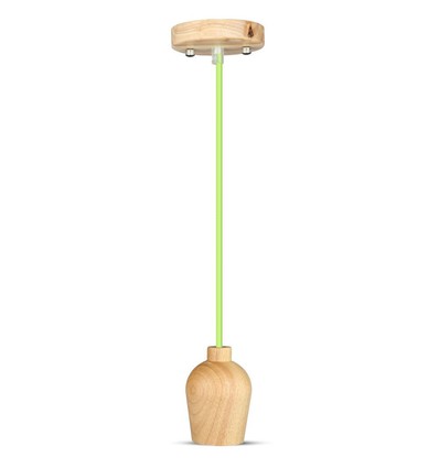 E27 pendel in walnoothout met groen stoffen snoer - Ø7,3cm, 1 meter kabel, mooi design