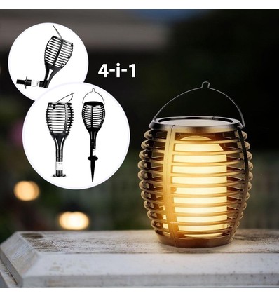 Zonnecel luxe tuinlamp 4-in-1 - Zwart, vlam effect, 65 cm hoog
