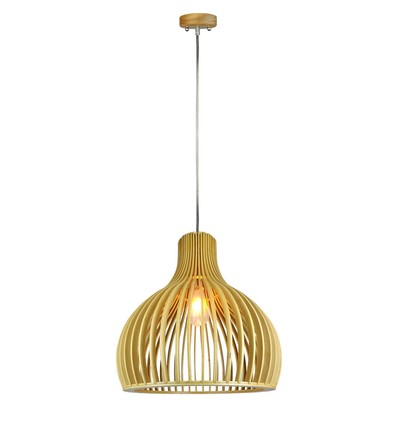 Ø35cm Houten pendellamp met chroom details - E27 fitting, rond, H45cm, decoratieve plafondlamp