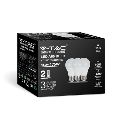 3 st. E27 10,5W LED lamp - A60, mat glas, 3000K, 1055lm, 3-pack