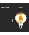 V-Tac G95 8W LED globe lamp - Kooldraad, Ø9,5 cm, amberkleurig glas, extra warm wit, 2200K, E27