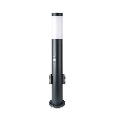 60cm tuinlamp met PIR sensor en 2 stopcontacten - E27 fitting, IP44, roestvrij staal, grijs, zonder lichtbron