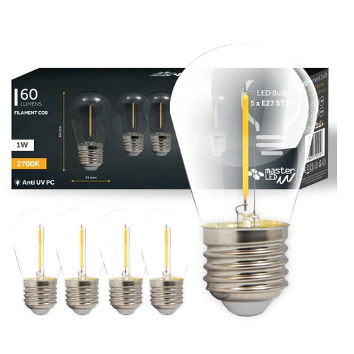 5 stuks E27 1W LED lamp - ST14, COB filament
