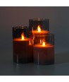 LED Stompkaarsen set in rookglas Ø7,5cm, 3 stuks, vlameffect - Incl. afstandsbediening en timer, 10/12,5/15cm hoog, echte was