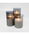 LED Stompkaarsen set in rookglas Ø7,5cm, 3 stuks, vlameffect - Incl. afstandsbediening en timer, 10/12,5/15cm hoog, echte was