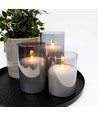 LED Stompkaarsen set in rookglas Ø7,5cm, 3 stuks, vlameffect - Incl. afstandsbediening en timer, 10/12,5/15cm hoog, echte was