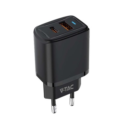20W USB reisadapter met PD en QC - Zwart, snellader, 1x USB-A en 1x USB-C PD