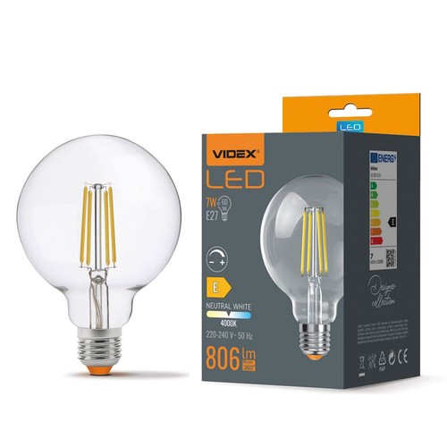 E27 7W dimbare LED lamp - G95, 806lm, 4000K, 360 graden, filament glas