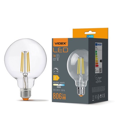 E27 7W dimbare LED lamp - G95, 806lm, 4000K, 360 graden, filament glas
