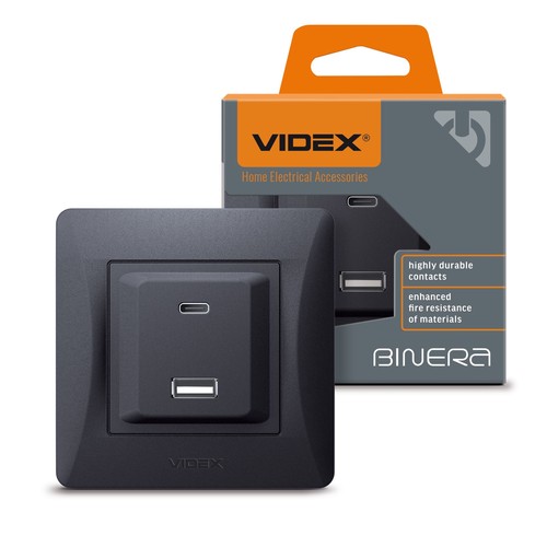 USB-A + Type-C stopcontact 20W snellader - Zwart grafiet, 2.4A, IP20 binnenshuis