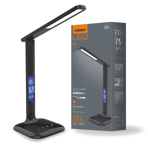 5W LED dimbare bureaulamp - Zwart, 3-staps CCT, display met klok/temp, touch-bediening