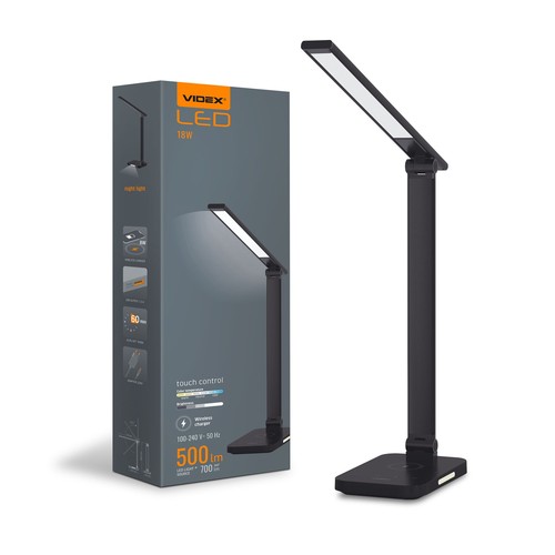 18W LED bureaulamp met draadloos opladen - 700lm, 5-staps dimbaar, CCT instelbaar, zwart, flicker free