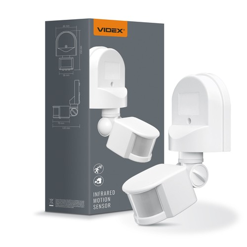 Infrarood PIR bewegingssensor, wit - 180° hoek, 1200W, IP44 buiten, instelbare tijd en lichtsterkte