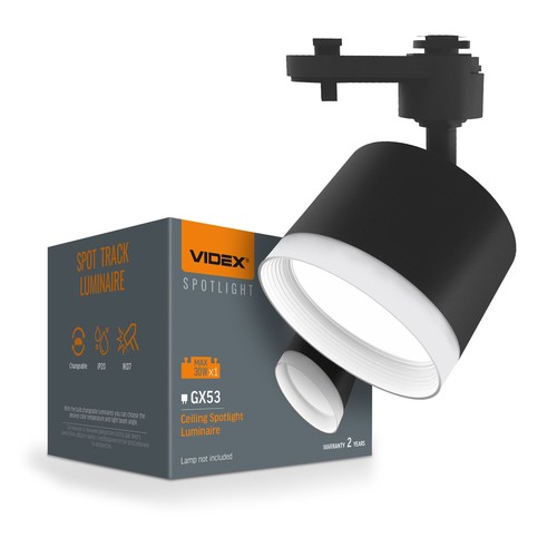 1-fase GX53 spanningsrail spot - Witte ring, zonder lichtbron, 1F2W, Zwart