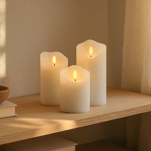 Set van 3 LED kaarsen 10cm, vlam-effect, wit - Ø7,5cm