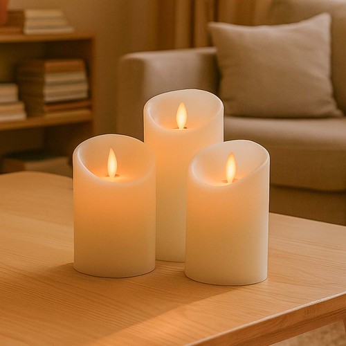 LED stompkaarsen, 3 stuks, Ø7,5cm, bewegende vlam, wit - Incl. afstandsbediening en timer, 10/13/15cm hoog, echte was