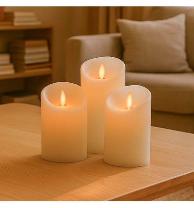 LED stompkaarsen, 3 stuks, Ø7,5cm, bewegende vlam, wit - Incl. afstandsbediening en timer, 10/13/15cm hoog, echte was