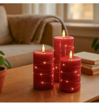 LED Kaarsenset 3 stuks met lichtsnoer, vlameffect - Ø7,5cm, 10/12,5/15cm, incl. afstandsbediening, timer, echte was, Rood