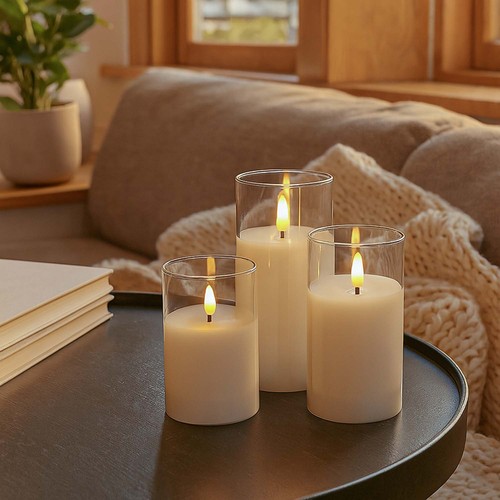 LED Stompkaarsen set in glas Ø7,5cm, 3 stuks, vlameffect - Incl. afstandsbediening en timer, 10/12,5/15cm hoog, echte was
