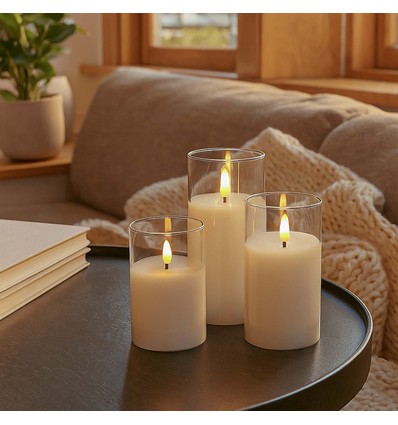 LED Stompkaarsen set in glas Ø7,5cm, 3 stuks, vlameffect - Incl. afstandsbediening en timer, 10/12,5/15cm hoog, echte was