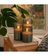 LED Stompkaarsen set in rookglas Ø7,5cm, 3 stuks, vlameffect - Incl. afstandsbediening en timer, 10/12,5/15cm hoog, echte was