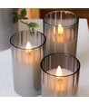 LED Stompkaarsen set in rookglas Ø7,5cm, 3 stuks, vlameffect - Incl. afstandsbediening en timer, 10/12,5/15cm hoog, echte was