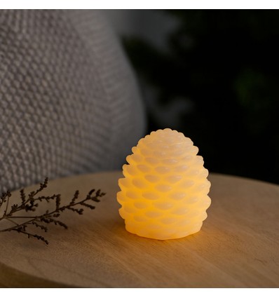 LED Dennenappelkaars, knipperend vlam effect, wit - Hoogte 8cm, Ø6cm, echte was