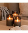 LED Stompkaarsen set in rookglas Ø7,5cm, 3 stuks, vlameffect - Incl. afstandsbediening en timer, 10/12,5/15cm hoog, echte was