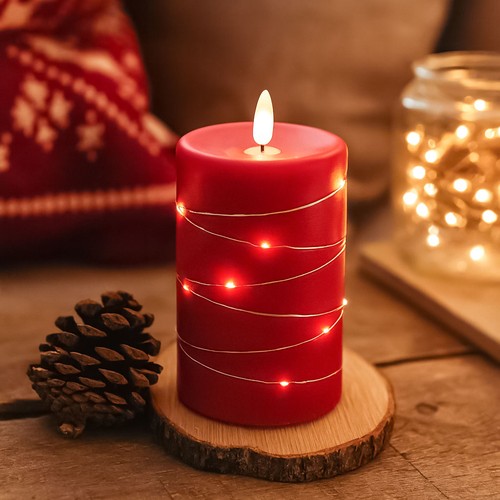 LED kaars met lichtsnoer, 12,5cm, vlam-effect - Ø7,5cm, rood
