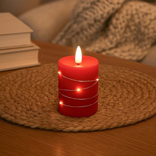 LED kaars met lichtsnoer, 10cm, vlam-effect - Ø7,5cm, rood