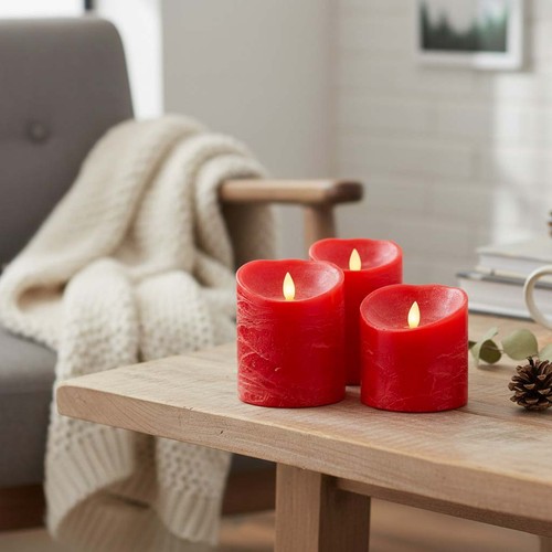 LED Stompkaarsen Ø10cm, 3 stuks, bewegende vlam, rood - Incl. afstandsbediening en timer, 10/12,5/15cm hoog, echte was